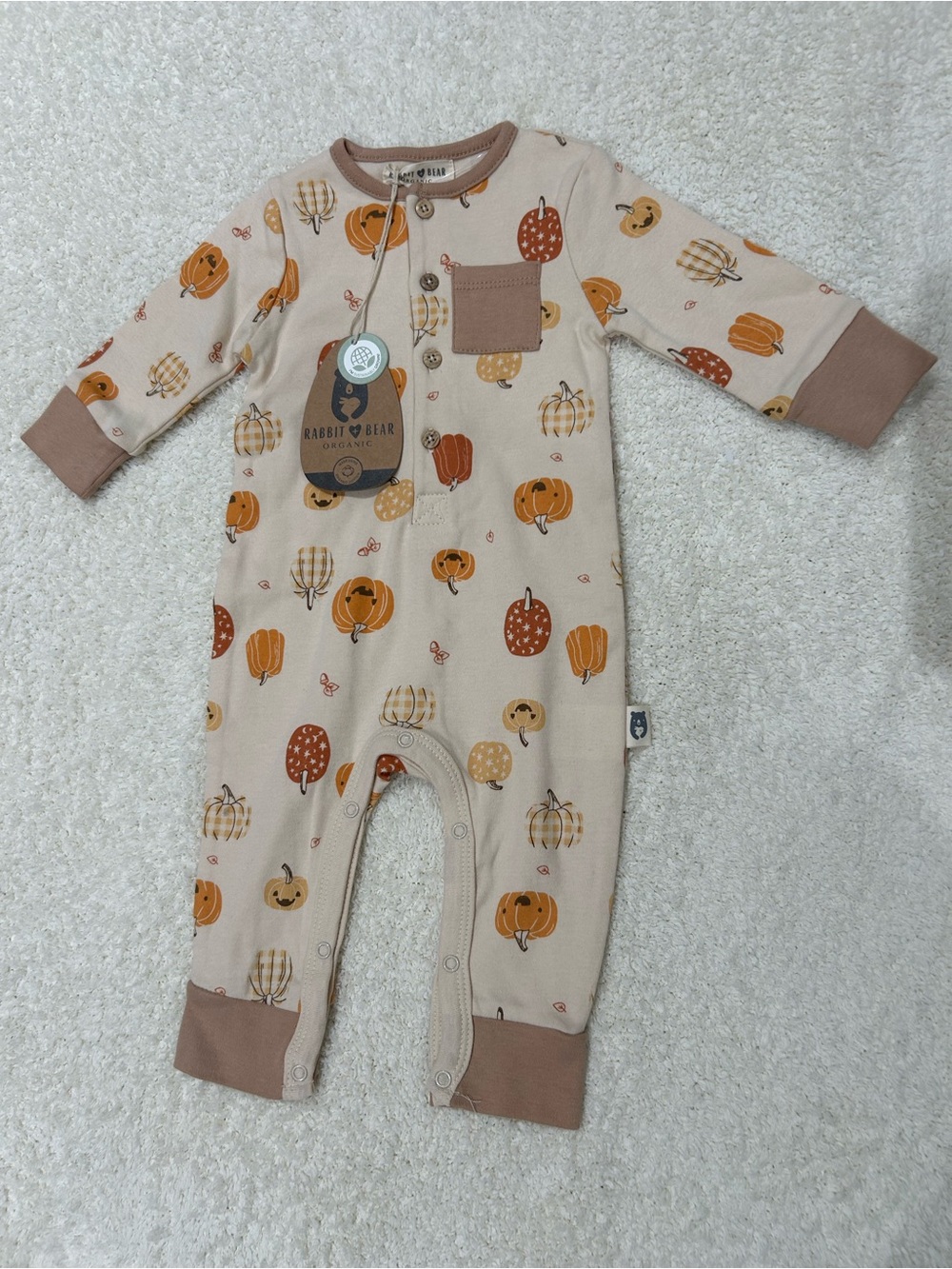 Rabbit + Bear Organic Cotton Fall Boho Pumpkin Baby Romper Halloween NWT Sz 3-6